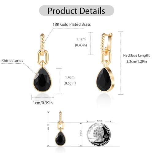 Crystals Teardrop Dangle Drop Earrings, 18K Gold Plated Hoop Earrings Zirconia Jewelry for Women Gifts - color: Black-Long
