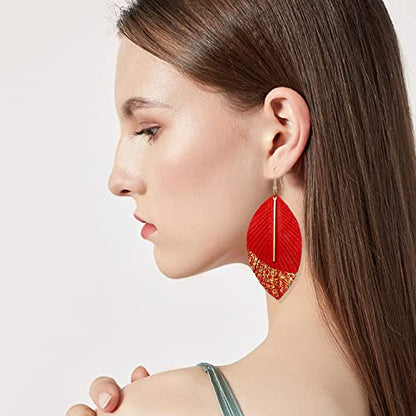 Bohemian Handmade Lightweight Color Large Genuine Soft Leather Fringe Feather Leaf Tear Dangle Drop Earrings for Women Statement - color: 2-Light red