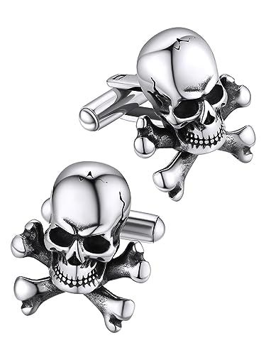 FaithHeart Mens Cufflinks, Norse Viking Tuxedo Shirt Cuff Links, Stainless Steel Cuff Links and Shirt Studs, Gift Box - style: 05. Skull Bones-Silver