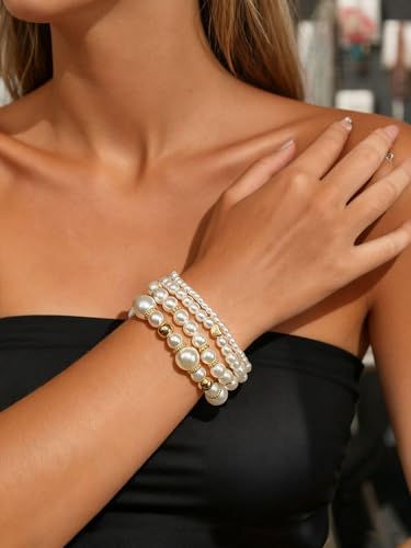 4/8 Pack Pearl Bracelets for Women Simulated Pearl Beaded Stackable Bracelet Set White Pearls Stretch Bracelet Set Multilayered Elastic Pearls Bracelets Bangles for Women Bridal Boho Jewelry - color: Gold