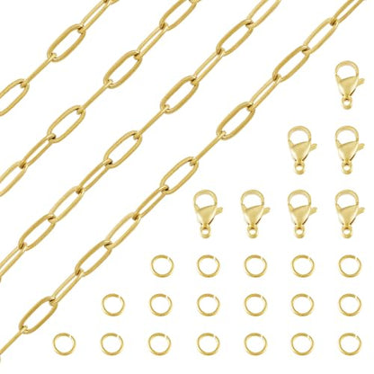 Pandahall 16.4 Ft 18K Gold Plated Paperclip Chains Stainless Steel Chains 9.7x4.2x1mm Gold Link Chains Kits with Lobster Clasps Jump Rings for DIY Bracelet Necklace Jewelry Making