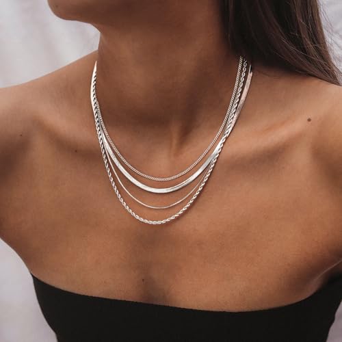 Tewiky Layered Necklaces for Women 14k Gold Plated Chain Necklace Set | Chunky Herringbone/Snake/Rope/Box/Cuban Link Chain for Women, Layering Stack Choker Necklace, Dainty Jewelry Set Non Tarnish - color: 4 Layered Necklace Silver