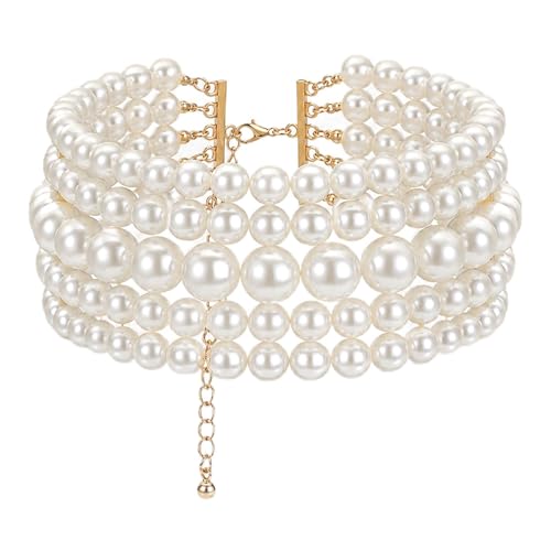 5 Layers Round Imitation Pearl Choker Necklace, Vintage White Multi-Strand Pearlchoker Necklaces for Women Bridal Wedding Party