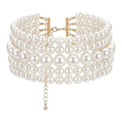 5 Layers Round Imitation Pearl Choker Necklace, Vintage White Multi-Strand Pearlchoker Necklaces for Women Bridal Wedding Party