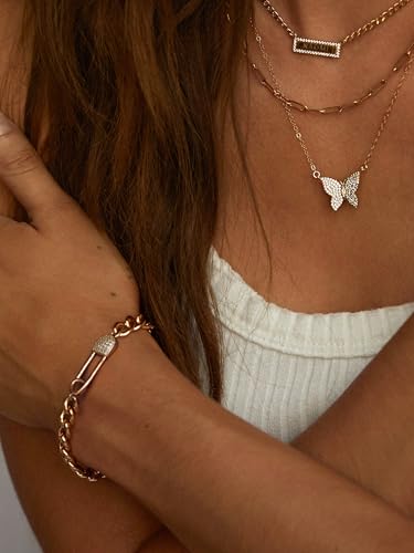PEARLADA 18k Gold Plated Chain Layerd Bracelet Coin Charm Toggle Bracelet Trendy Cubic Zirconia Jewelry - color: Pin