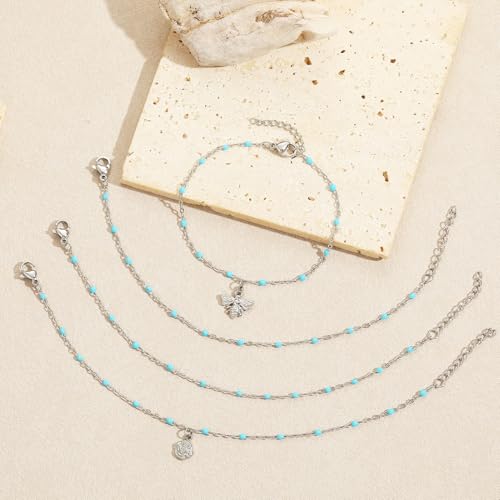6 PCS Enamel Beaded Chains Bracelet Stainless Steel Link Bracelets | 6.7"+1.18", With Extender Chain, Fashion Jewelry Set, Gift For Women, Colorful, No Fade - color: Light Blue Silver