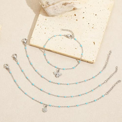 6 PCS Enamel Beaded Chains Bracelet Stainless Steel Link Bracelets | 6.7"+1.18", With Extender Chain, Fashion Jewelry Set, Gift For Women, Colorful, No Fade - color: Light Blue Silver