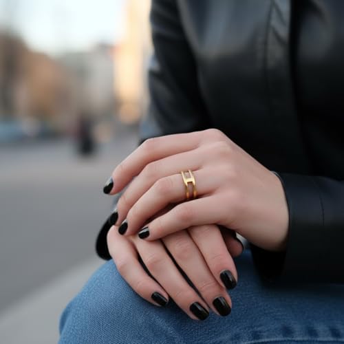 Gold Open Geometric Adjustable Ring, 18K Yellow Gold Plated over Stainless Steel, Modern Minimalist Design, Women's Fashion Jewelry, Tarnish Resistant, Adjustable sizes 6-8