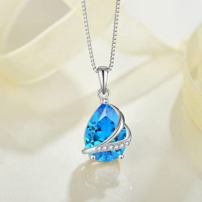 Birthstone Pendant Necklace 925 Sterling Silver Teardrop Jewelry for Women - color: Sea Blue