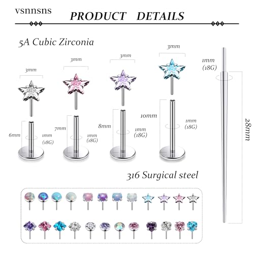 Vsnnsns 14K Gold Plated 16G 18G 20G Threadless Nose Rings Studs Flat Back Earrings Stainless Steel Tragus Helix Conch Earrings Stud Snake Bite Lip Rings Labret Medusa Piercing Jewelry for Women Men - color: Silver-18G-6MM 7MM 8MM 10MM Bar Lenght