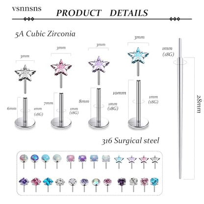 Vsnnsns 14K Gold Plated 16G 18G 20G Threadless Nose Rings Studs Flat Back Earrings Stainless Steel Tragus Helix Conch Earrings Stud Snake Bite Lip Rings Labret Medusa Piercing Jewelry for Women Men - color: Silver-18G-6MM 7MM 8MM 10MM Bar Lenght