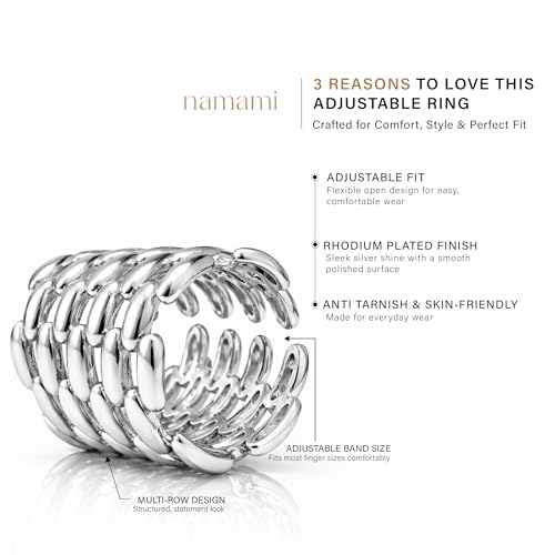 Namami Adjustable Gold Plated & Rhodium Plated(Silver) Wrap Rings for Women | Stackable Pure Brass Tarnish Free & Hypoallergenic, Minimilist Brick Design, 18K Gold Plated Wide Band Chunky Statement Ring - color: Silver
