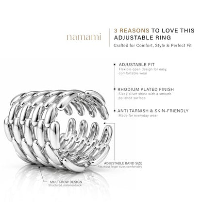 Namami Adjustable Gold Plated & Rhodium Plated(Silver) Wrap Rings for Women | Stackable Pure Brass Tarnish Free & Hypoallergenic, Minimilist Brick Design, 18K Gold Plated Wide Band Chunky Statement Ring - color: Silver