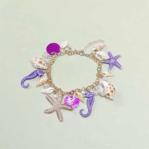 Spiritrain Handmade Starfish Seashell Pearl Bracelets for Women Gold Plated Bohemian Charm Sea Shell Couch Beads Adjustable Chain Anklet Bracelets Hawaiian Beach Holiday Mermaid Costume Jewelry Gifts - color: Purple