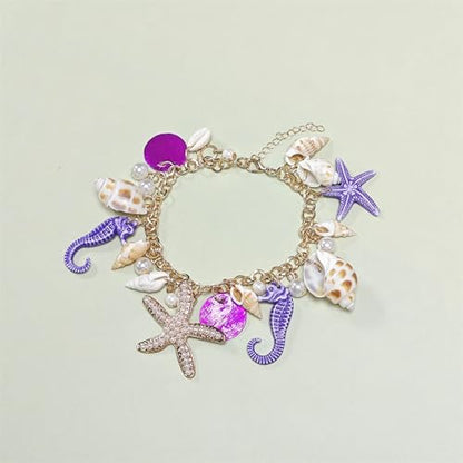 Spiritrain Handmade Starfish Seashell Pearl Bracelets for Women Gold Plated Bohemian Charm Sea Shell Couch Beads Adjustable Chain Anklet Bracelets Hawaiian Beach Holiday Mermaid Costume Jewelry Gifts - color: Purple