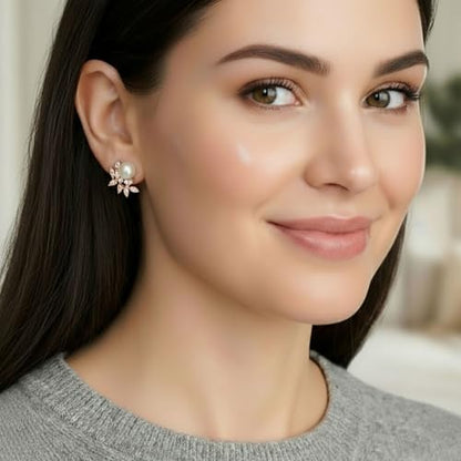 Mariell Pearl & Marquise CZ Crystal Wedding Earrings for Bride, Bridesmaids & Mother of the Bride - color: Rose Gold