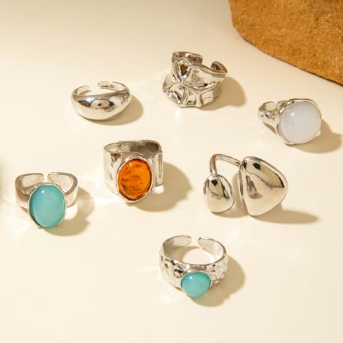 Chunky Gemstone Rings for Women Gold Silver Chunky Rings Set Adjustable Thick Statement Ring Trendy Fashion Silver Jewelry - style: BSilver
