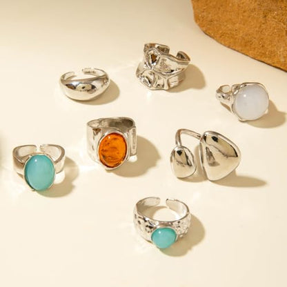 Chunky Gemstone Rings for Women Gold Silver Chunky Rings Set Adjustable Thick Statement Ring Trendy Fashion Silver Jewelry - style: BSilver