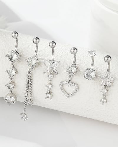 BSJ4U Belly Button Ring Gold Plated Silver CZ Belly Rings for Women Heart Butterfly Flower Dangle Navel Belly Button Piercing Jewelry - color: Silver Belly Button Rings