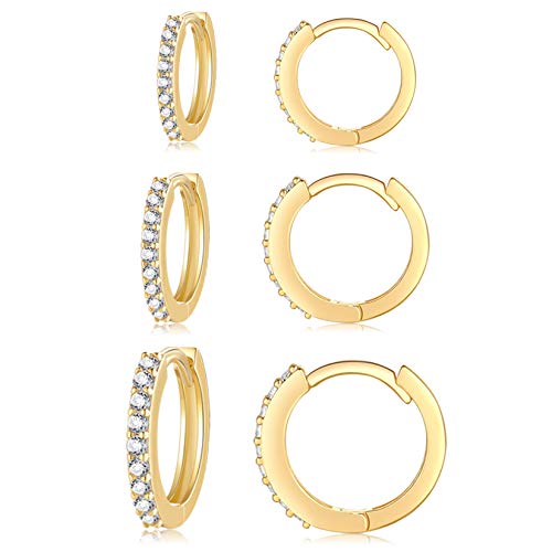 Silver Hoop Earrings for Women, 3 Pairs Small Sterling Silver Huggie Earrings | Tiny Cubic Zirconia Cartilage Cuff Earrings Hoop Piercing Jewellery for Men Teens (8mm/10mm/12mm) - color: 3 Pairs(8/10/12mm)-Gold