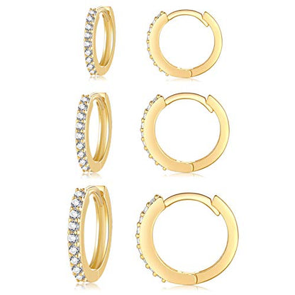 Silver Hoop Earrings for Women, 3 Pairs Small Sterling Silver Huggie Earrings | Tiny Cubic Zirconia Cartilage Cuff Earrings Hoop Piercing Jewellery for Men Teens (8mm/10mm/12mm) - color: 3 Pairs(8/10/12mm)-Gold