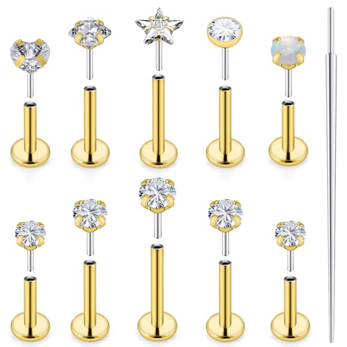 20G 18G 16G Push in Theadless Nose Rings Studs Hypoallergenic Lip Labret Jewelry Flat Back Nose Stud Stainless Steel Cartilage Helix Tragus Earrings for Women Men 6mm 7mm 8mm Bars Diamond 3mm - color: A:20G-Gold-Push in-Bar 6mm 7mm 8mm