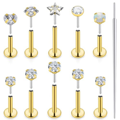 20G 18G 16G Push in Theadless Nose Rings Studs Hypoallergenic Lip Labret Jewelry Flat Back Nose Stud Stainless Steel Cartilage Helix Tragus Earrings for Women Men 6mm 7mm 8mm Bars Diamond 3mm - color: A:20G-Gold-Push in-Bar 6mm 7mm 8mm