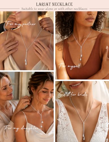 Lariat Gold Silver Necklace for Women Long Dainty Y Necklace 14k Gold Plated Drop Chunky Necklace Trendy Clover Heart Cross Teardrop Cz Pendant Statement Simple Adjustable Jewelry Gift - color: Silver- Water droplet