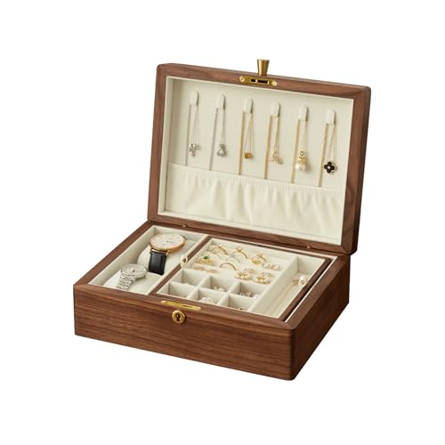 Solid Black Walnut Wood Jewelry Box, With Lock | Velvet Lining, Personalized Ring and Necklace Box, For Women and Girls, Brass Lock and Handle - style: With lock