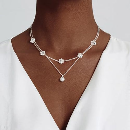 OGD Gold Pearl Necklace Set for Women 14K Plated Layered Daisy Choker Gift - color: 2PCS-Daisy Pearl-Silver