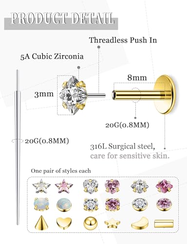 20G 18G 16G 14K Gold Filled Threadless Flat Back Earrings Studs Surgical Stainless Steel Opal CZ Nose Rings Studs Tragus Helix Conch Cartilage Earrings Piercing Jewelry For Women Men Silver - color: 14K Gold Filled, size: 20 Gauge-8MM Bar