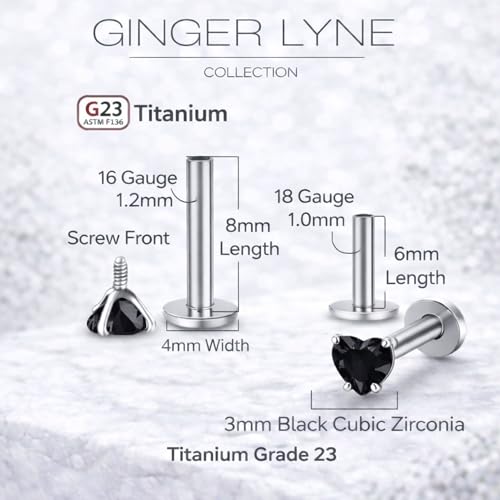 Titanium Heart CZ Labret Stud Earrings for Piercings by Ginger Lyne 6Pc Set G23 Screw Front Flat Back Body Jewelry 2 pair post 6mm, 8mm Cartilage, Helix, Tragus, Lip, Conch, Lobe - color: 3mm-Black