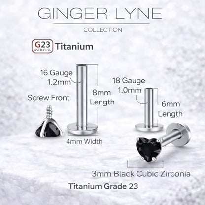 Titanium Heart CZ Labret Stud Earrings for Piercings by Ginger Lyne 6Pc Set G23 Screw Front Flat Back Body Jewelry 2 pair post 6mm, 8mm Cartilage, Helix, Tragus, Lip, Conch, Lobe - color: 3mm-Black