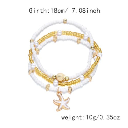 3PCS Boho Anklets for Women Summer Beach Women's Ankle Bracelets Beaded Anklet Bracelet Waterproof Beach Anklets Shell Starfish Anklet Foot Chain Jewelry for Women - color: 3PCS/Gold