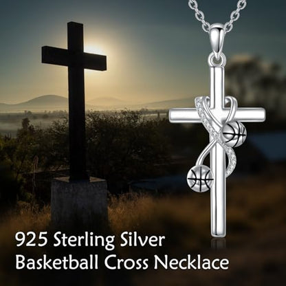 POPLYKE Cross Necklace for Women 925 Sterling Silver Cross Pendant Necklace Animal Jewelry Christmas Gifts for Women Mother Grandma - style: basketball