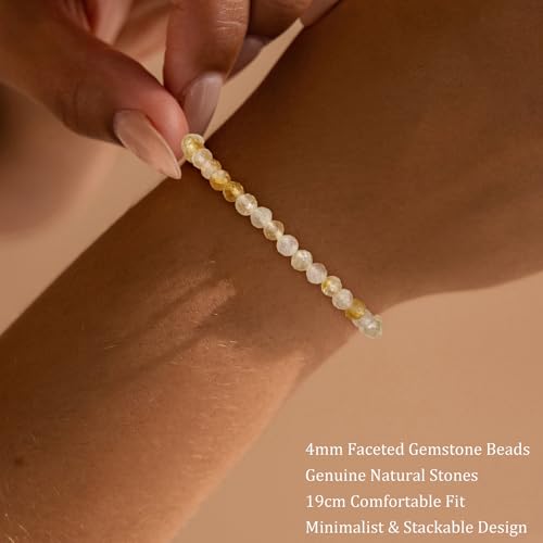 Natural Faceted Crystal Bracelet for Women,4mm Gemstone Round Beads Bracelets Adjustable Stretchy Healing Crystal Beads Bracelets Dainty Jewelry Gift - color: Citrine