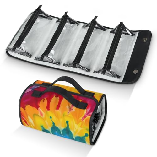 Bohemian Tie Dye Hanging Roll Up Cosmetic Bag with 4 Removable Storage Bags Waterproof Foldable Toiletry Kit for Women - color: Multicolor 12