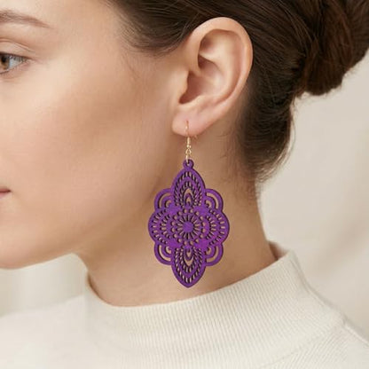 Boho Black Filigree Dangle Earrings for Women, Lightweight Hollow Lace Drop, Wood, 3.34" x 1.69", Bohemian Jewelry - color: Purple