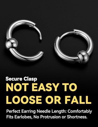 ChainsHouse Stud Earrings for Men Women,316L Stainless Steel/14K Gold/Black Plated Metal, Punk Hypoallergenic Surgical Huggie Hoop Earrings Mens Jewelry Piercing Hoop Earrings - style: B: Silver-Bead Hoop(1 Pair)