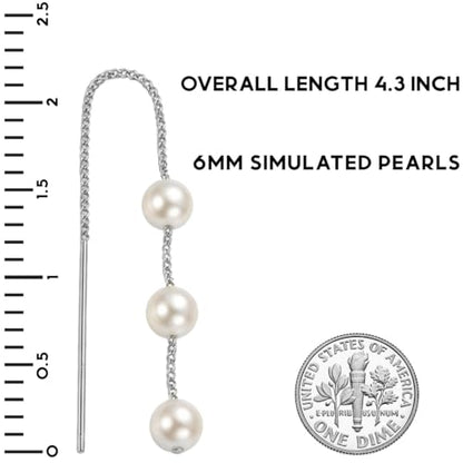 Threader Pearl Earrings for Women - Long Dangle with Simulated Pearls | Plated in Gold Tone or Silver Tone - color: Multi Simulated Pearl - Silver Tone