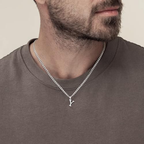 Silver Initial Necklace for Men Letter Pendant Cuban Link Chain | Stainless Steel 4mm 20 Inch Chain Non Tarnish Silver Plated A-Z Capital Name Charm Custom Personalized Jewelry Gift for Man - style: Silver:Y