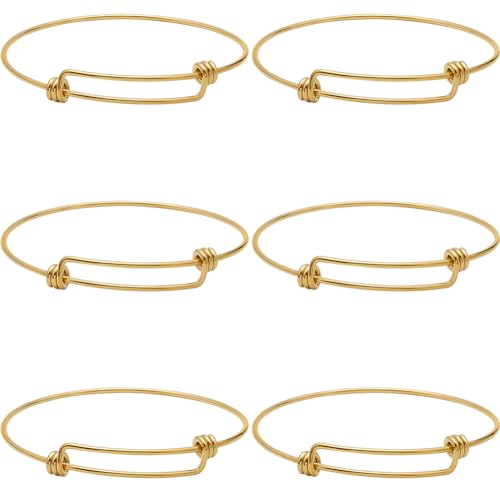 Beebeecraft 6Pcs Expandable Blank Bangle Bracelets Real 18K Gold Plated Stainless Steel Adjustable Wire Bracelets for Jewelry Making DIY Crafts Gift