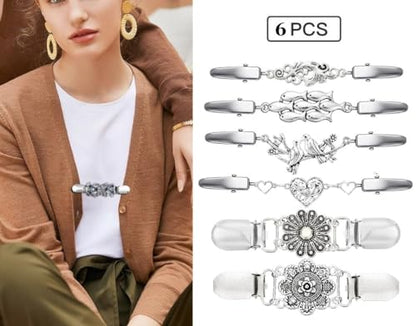 Vintage Sweater Clips Shawl Dresses Shirt Clips Retro Cardigan Collar Chain Clips Brooch Pins for Women - style: Style 6