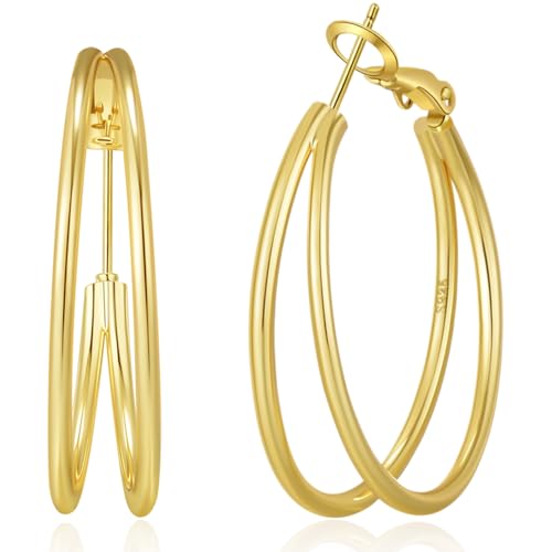 Large Thin Double Hoop Earrings for Women Lightweight Hypoallergenic 925 Sterling Silver Post 14K Gold Hoops Non Tarnish Sturdy Big Thin Double Layered Hoop Earrings 30/40/50/60mm - color: Gold, size: 20mm