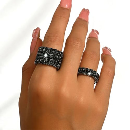 Fashion Silver Bling Rhinestone Crystal Stretch Rings Set for Women | Sparkly Rhinestone Elastic Finger Nail Ring Glitter Stretchy Stack Statement Knuckle Rings Cocktail Jewelry Accessories Pack - color: Black