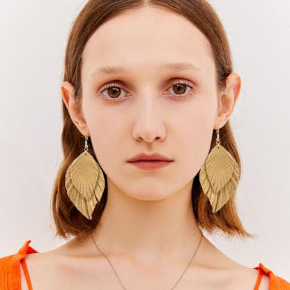 Handmade Bohemian Large Soft Genuine Leather Fringe Double Feather Dangle Drop Earrings Lightweight Simple Color PU Leaf Hook Earrings for Women - color: Beige