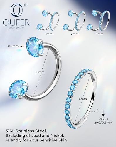 OUFER 2PCS Nose Rings Hoops, 20g Double Gem Horseshoe Threadless Nose Rings for Women, Septum Clicker Daith Tragus Helix Rook Eyebrow Lip Piercing Jewelry - color: Silver Aqua CZ