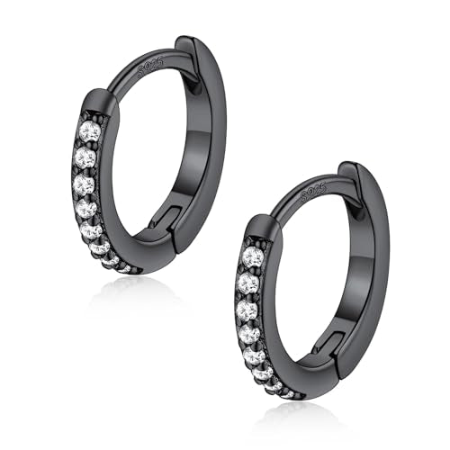 FaithHeart 925 Sterling Silver Post Small CZ Huggie Hoop Earrings for Women | Hypoallergenic Small Cubic Zirconia Hoop Earrings, Silver/Black/Gold/Rose Gold Huggie Earrings, 8-20mm with Gift Box - color: Black, size: 8mm