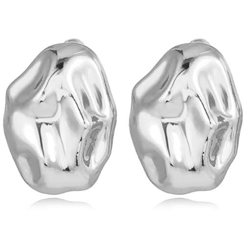 REELMAR Chunky Geometric Clip On Earrings for Women Trendy Gold-Plated Thick Hammered Rectangle Dupes Earrings Minimalist Statement Earrings No Piercing Clips - color: Irregular-Silver