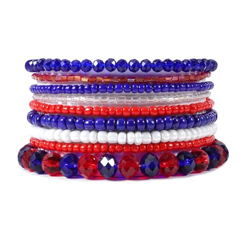 Ardorchid Halloween Bracelets for Women Pumpkin Ghost Steleton Bat Skull Beaded Stackable Stretchy Bracelet Rugby Thanksgiving Christmas Heishi Bracelets - color: Red White and Blue Bracelet